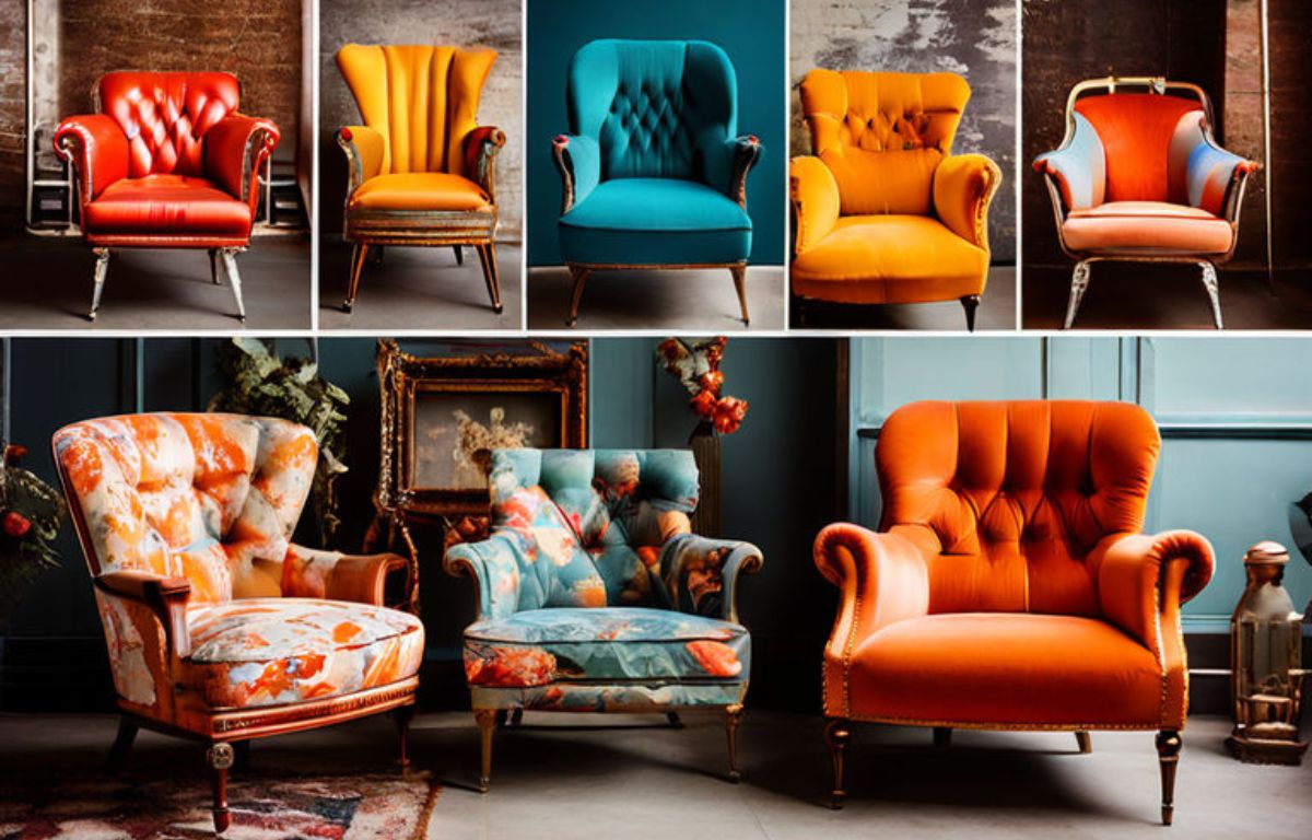 A collage of vintage armchairs, refurbished and given new life through creative upcycling projects