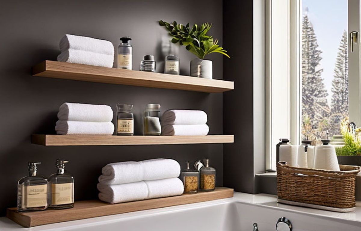 Images of bathrooms with open shelving could help to illustrate this trend. Consider close-up shots of shelves with rolled towels and other bathroom essentials, or wider shots that show the overall design