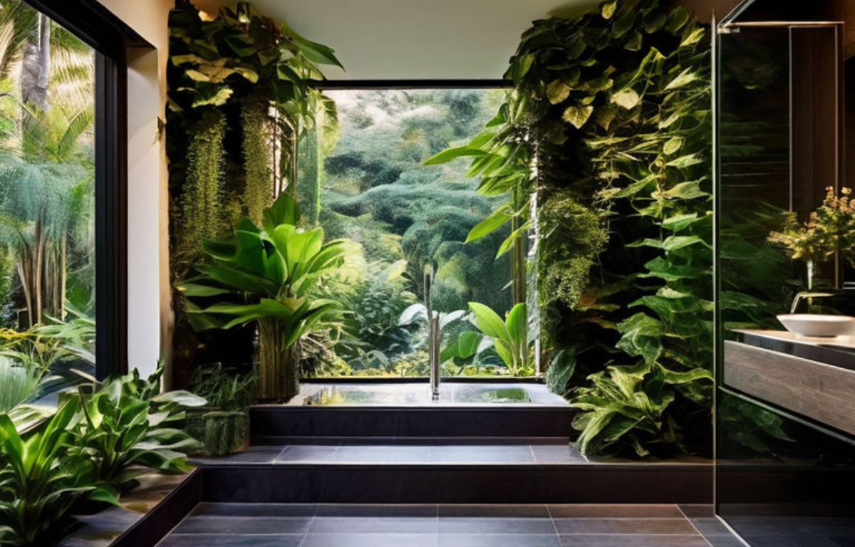 Images of bathrooms with live plants, natural materials, and water features could help to illustrate this trend. Consider close-up shots of leaves and flowers, or wider shots of bathrooms that incorporate these elements